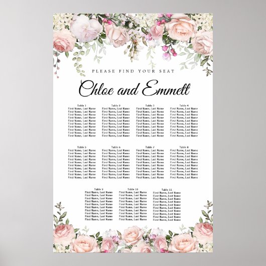 Grosses rosa, florales 11-Tisch Hochzeitsdiagramm Poster (Vorne)