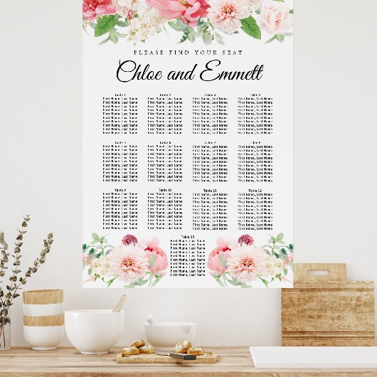 Grosses rosa, florales 13-Tisch-Hochzeitsdiagramm Poster (Küche)