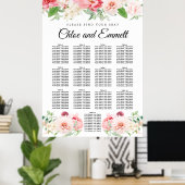 Grosses rosa, florales 13-Tisch-Hochzeitsdiagramm Poster (Heimbüro)