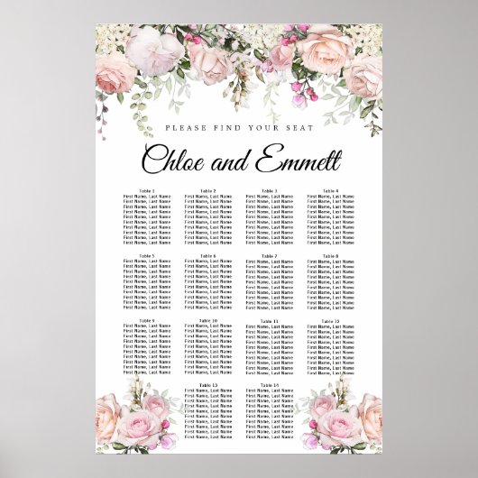 Grosses rosa, florales 14-Tisch-Hochzeitsdiagramm Poster (Vorne)
