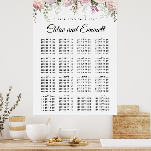 Grosses rosa, florales 16-Tisch-Hochzeitsdiagramm Poster (Küche)