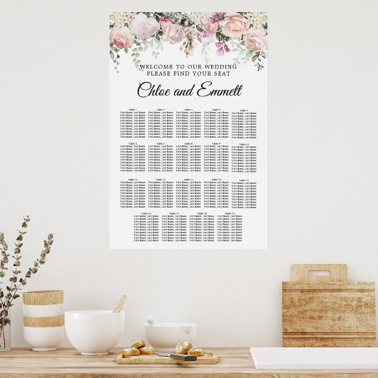 Grosses rosa, florales 19-Tisch-Hochzeitsdiagramm Poster (Küche)