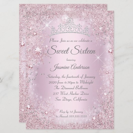 Grosses Rosa Silver Winter Wunderland Sweet 16 Tia Einladung (Vorne/Hinten)