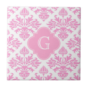 Großes Rosa Weiß Florales Damast Rosa Monogramm Et Fliese