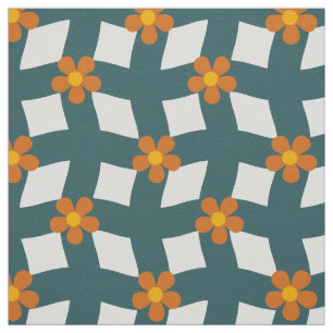 Großes Türkis Orange Florales Gitter Baumwoll-Twil Stoff