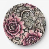 Grosses Vintag gotisch-rosa Blume Muster Pappteller (Vorderseite)