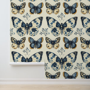 Grosses Vintages Blue Creme Butterfly Shabby Chic Tapete