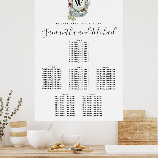 Grosses Wappen mit rotem Flor, 6 Tische, Sitzkarte Poster (Küche)