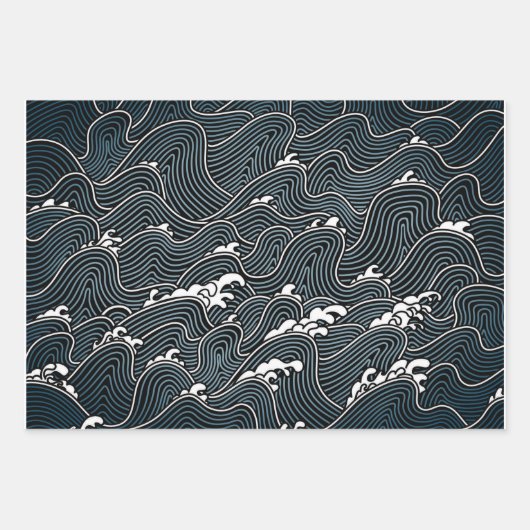 GROSSES WAVE JAPANESE WOODBLOCK GIFT WRAP-Blatt-Se Geschenkpapier Set (Vorderseite 3)