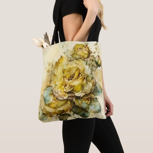 Großformatige gelbe und goldene Rosen Tasche (Von Nahem)