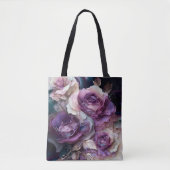 Großformatige lila und goldene Rosen Tasche (Vorderseite)