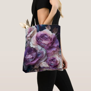 Großformatige lila und goldene Rosen Tasche