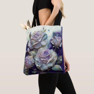Großformatige lila und goldene Rosen Tasche