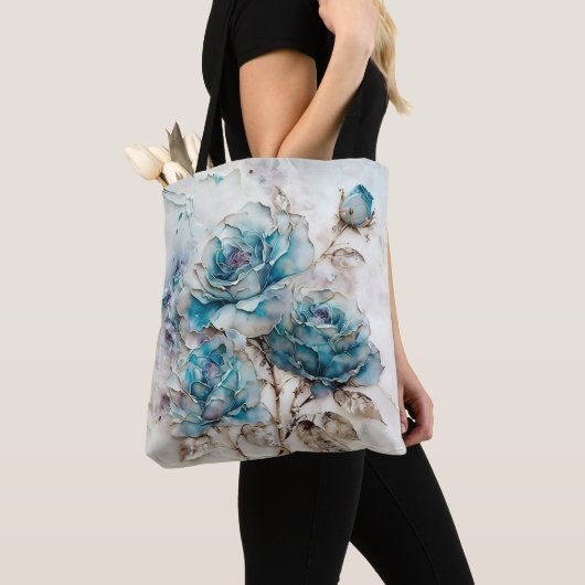 Großformatige Türkis- und Goldrosen Tasche (Von Nahem)