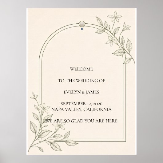Großformatiges Oliven-Botanik-Hochzeits-Willkommen Poster (Vorne)