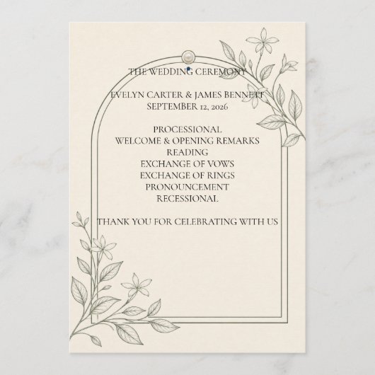 Großformatiges Oliven-Botanik-Hochzeitsprogramm 5x Programm (Vorderseite)