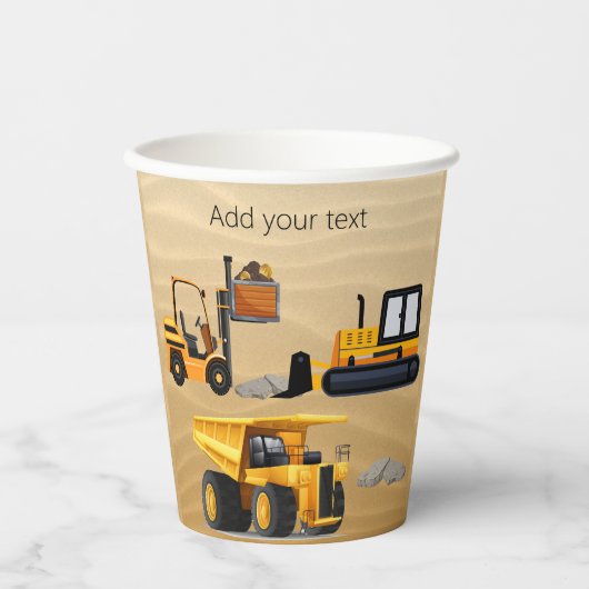 Großgelbe LKWs Bulldozer Gabelstapler Pappbecher (Vorderseite)