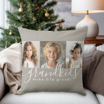 Großkinder machen Life Grand 3 Foto Collage Kissen<br><div class="desc">Dieses personalisierte Kissendesign ist ein durchdachtes Geschenk für Großeltern und verfügt über eine 3-Foto-Vorlage, mit der Fotos der Enkel personalisiert werden können. Eine Kombination moderner handgeschriebener Schrift kombiniert mit einem modernen serifenlosen Sans-Schriftart schreibt: "Enkel machen das Leben großartig!" Der Hintergrund ist ein neutrales Taupe Beige, das ein gemütliches Ambiente bietet....</div>
