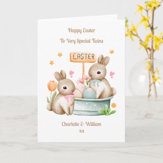 Großkinder Twins Ostersonnige Rabbit-Karte Karte (Gelbe Blume)