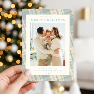 Großmillennial Blau Grün Karierter Weihnachtsfoto Feiertagskarte