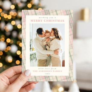 Großmillennial Rosa Grün Karierter Weihnachtsfoto Feiertagskarte