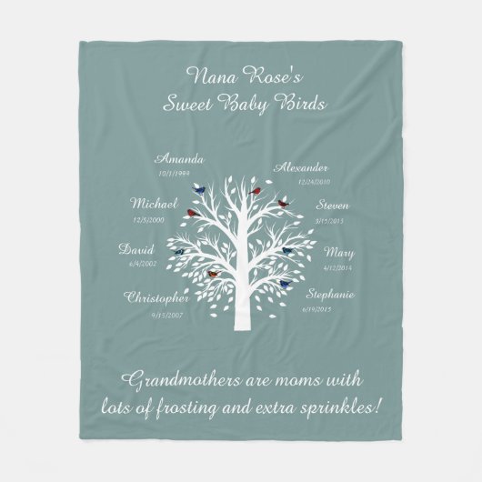 Großmutter-Baum, 8 Namen u. Daten, weiß auf Blau Fleecedecke (Vorderseite)