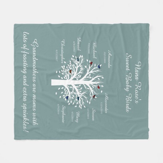 Großmutter-Baum, 8 Namen u. Daten, weiß auf Blau Fleecedecke (Vorderseite (Horizontal))