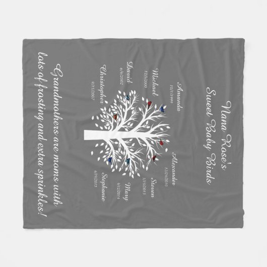 Großmutter-Baum, 8 Namen u. Daten, weiß auf Grau Fleecedecke (Vorderseite (Horizontal))