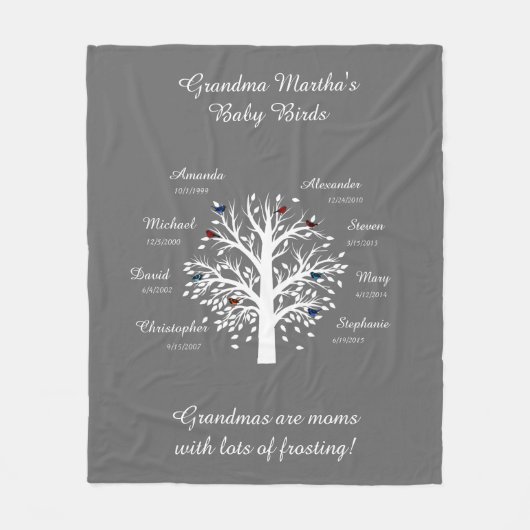 Großmutter-Baum, 8 Namen u. Daten, weiß auf Taupe Fleecedecke (Vorderseite)
