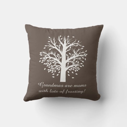 Großmutter-Baum, weiß auf Taupe, 8 Namen u. Daten Kissen (Rückseite)