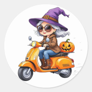 Großmutter Chibi-Hexe auf Scooter Ci Runder Aufkleber
