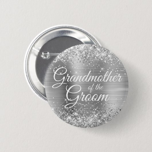 Großmutter der Groom Glittery Silberfolie Button (Vorne & Hinten)