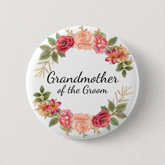Großmutter des Bräutigams Rosa Rote Florale Kranz Button (Vorderseite)