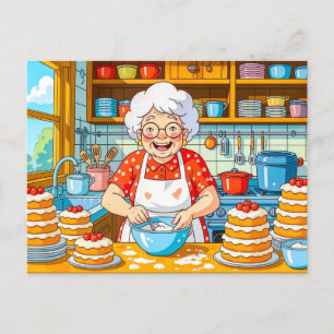 Großmutter Kochen Pfannkuchen Illustration Feiertagspostkarte
