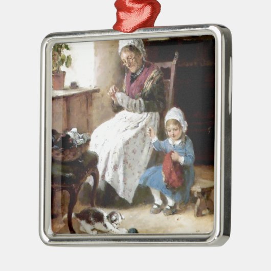 Großmutter- und Enkelinnähen Silbernes Ornament (Links)