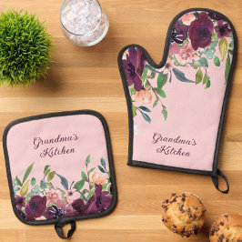 Großmutter's Kitchen Burgundy Blush Pink Floral Ofenhandschuh & Topflappen-Set