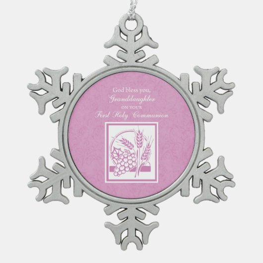 Großtochter Erste Kommune, Rosa Schneeflocken Zinn-Ornament (Vorderseite)