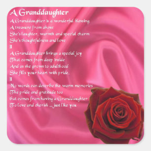 Großtochter Gedicht - rosa Seide & Rose Quadratischer Aufkleber