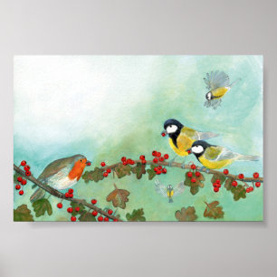 Großwildvögel, Rote Robin und Hawthorn Berries Poster