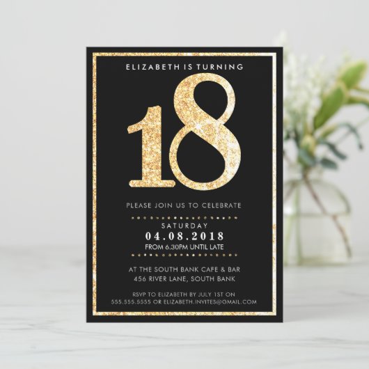 GROSSZAHL INVITE Moderner 18-Glitzer Einladung (Stehend Vorderseite)