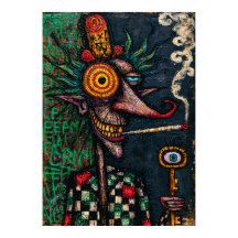 Grotesker Grimassenschneider mit surrealen Augen