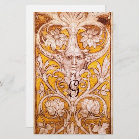 GROTESQUE GESICHT MIT GOLD FLORAL PARCHMENT MONOGR BRIEFPAPIER (Vorne/Hinten)