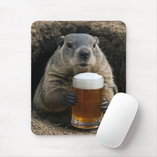 Groundhog With Mug of Beer Mousepad (Mit Mouse)