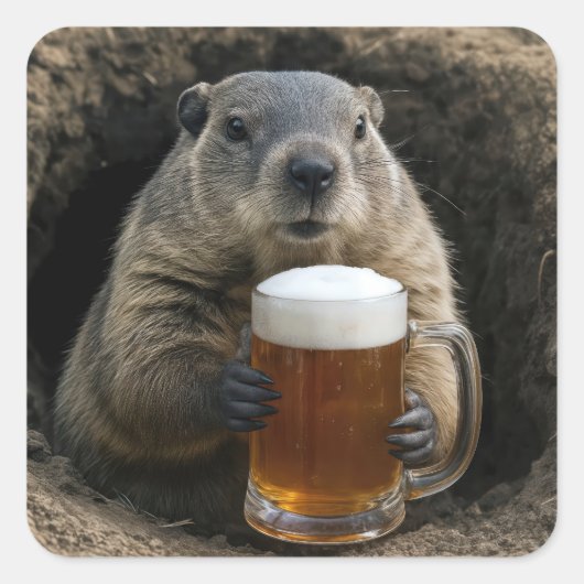 Groundhog With Mug of Beer Quadratischer Aufkleber (Vorderseite)