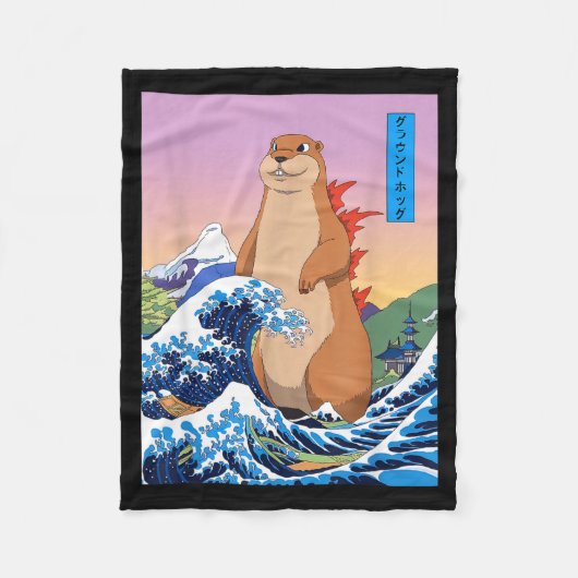 Groundhogzilla Lustige Japanische Große Welle Anim Fleecedecke (Vorderseite)