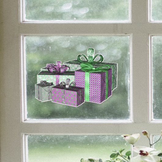 Group Shiny Wrapped Christmas Present Green Purple Fensteraufkleber