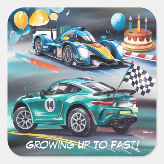 Growing Up To Fast Boy Birthday Party Quadratischer Aufkleber (Vorderseite)