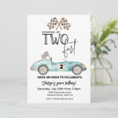 Growing Up TWO fast Blue Race car 2nd birthday Einladung (Stehend Vorderseite)