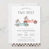 Growing Up Two Fast Blue & Red Race Car Birthday Einladung (Vorderseite)