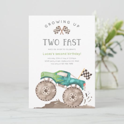 Growing Up TWO Fast Monster Truck 2nd Birthday Einladung (Stehend Vorderseite)